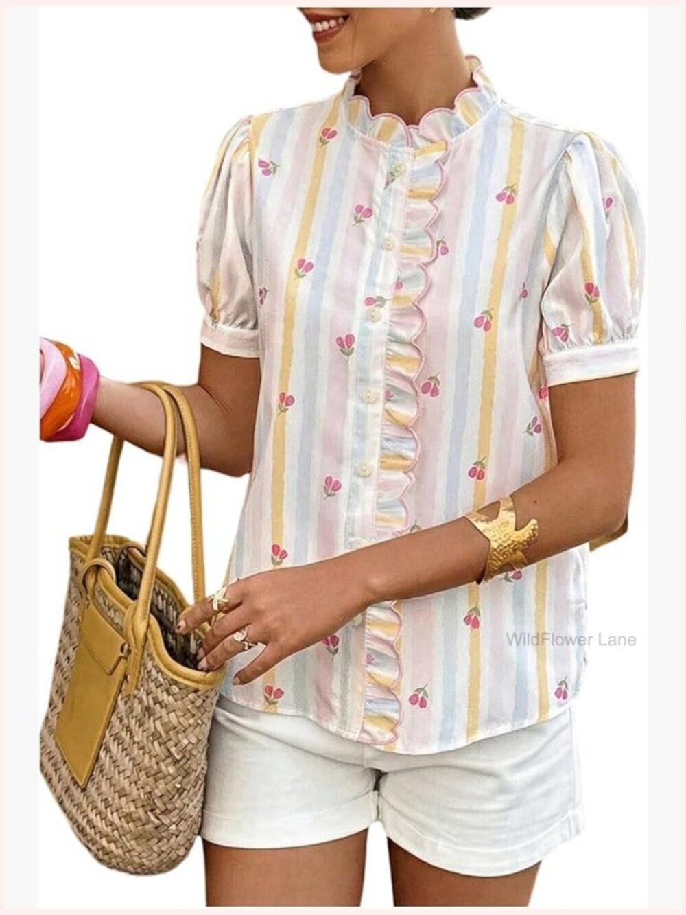Women's Short Sleeve Button Down Shirt Puff Sleeve Floral Summer Blouse